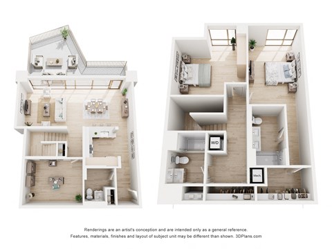 Two images of a house layout with a kitchen, living room, and bedrooms.